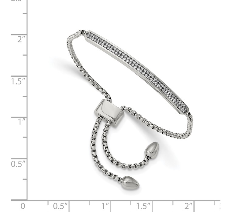 SRB1848--8 Chisel Stainless Steel Polished with 2 Row CZ Bar Friendship/Bolo Adjustable Bracelet