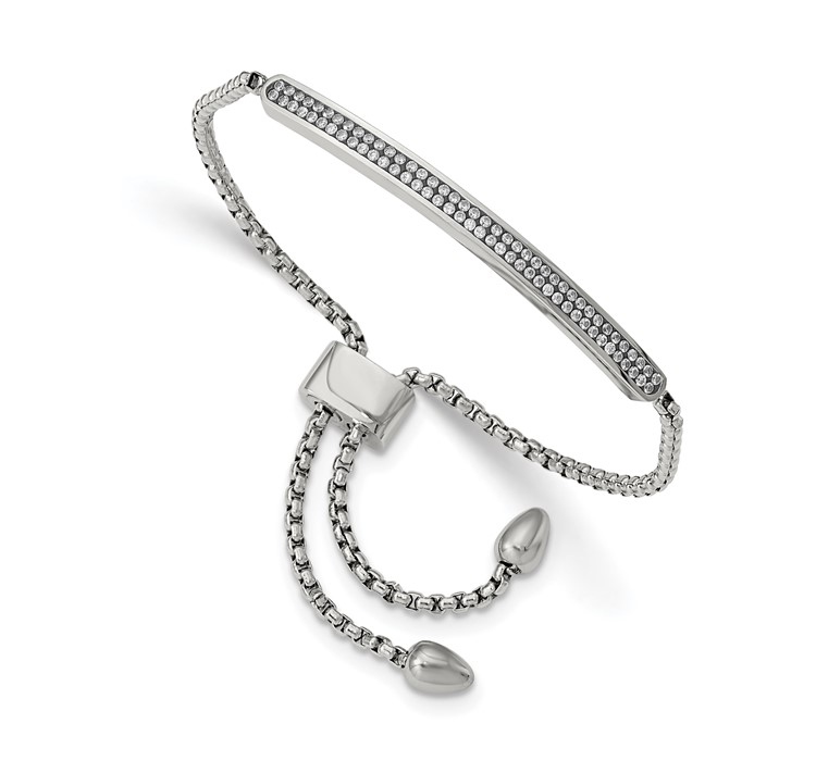 SRB1848 Chisel Stainless Steel Polished with 2 Row CZ Bar Friendship/Bolo Adjustable Bracelet