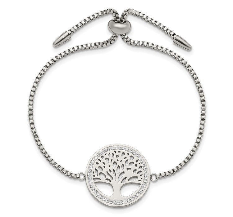 SRB1918--4 Chisel Stainless Steel Polished with Preciosa Crystal Tree of Life Adjustable Bracelet