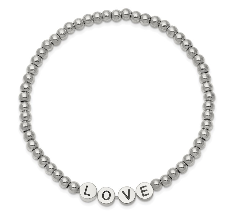 SRB2549--2 Chisel Stainless Steel Antiqued and Polished LOVE 4mm Beaded Stretch Bracelet
