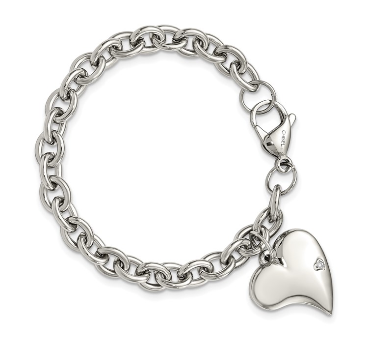 SRB264-7.5--4 Chisel Stainless Steel Polished Link with CZ Heart Dangle Charm 7.5 inch Bracelet