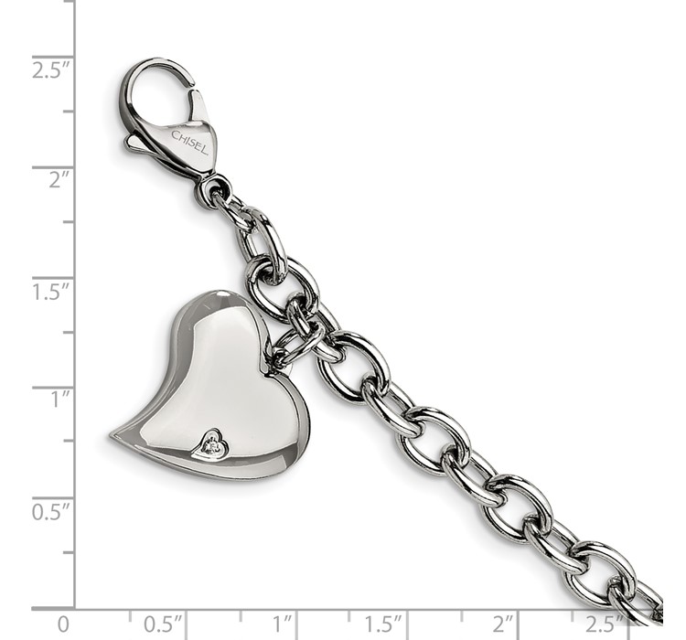 SRB264-7.5--8 Chisel Stainless Steel Polished Link with CZ Heart Dangle Charm 7.5 inch Bracelet