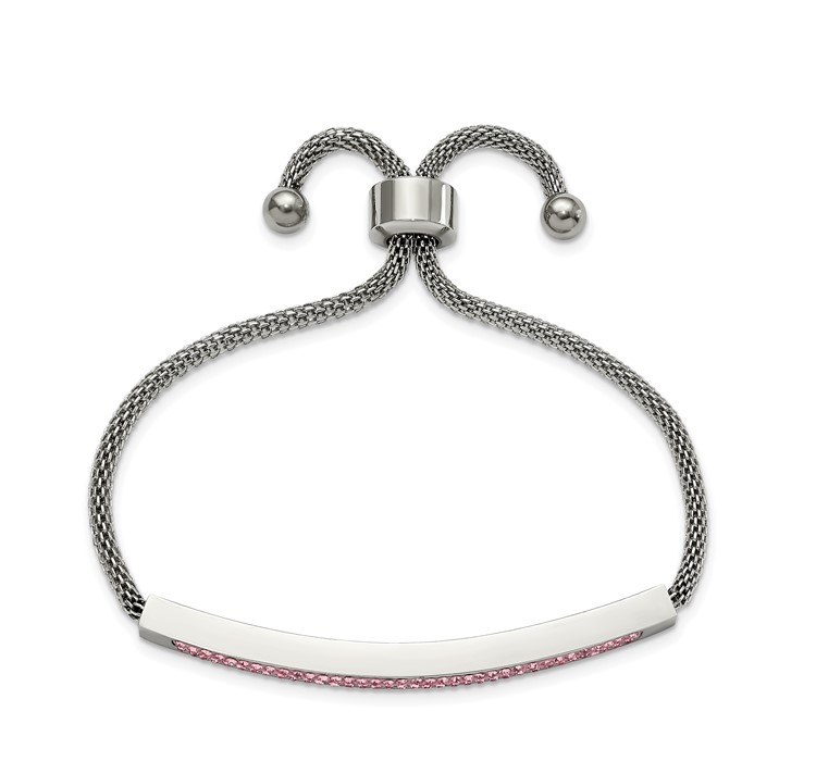 SRB2752--4 Chisel Stainless Steel Polished with Pink Glass Adjustable Bracelet