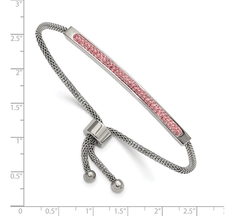 SRB2752--8 Chisel Stainless Steel Polished with Pink Glass Adjustable Bracelet