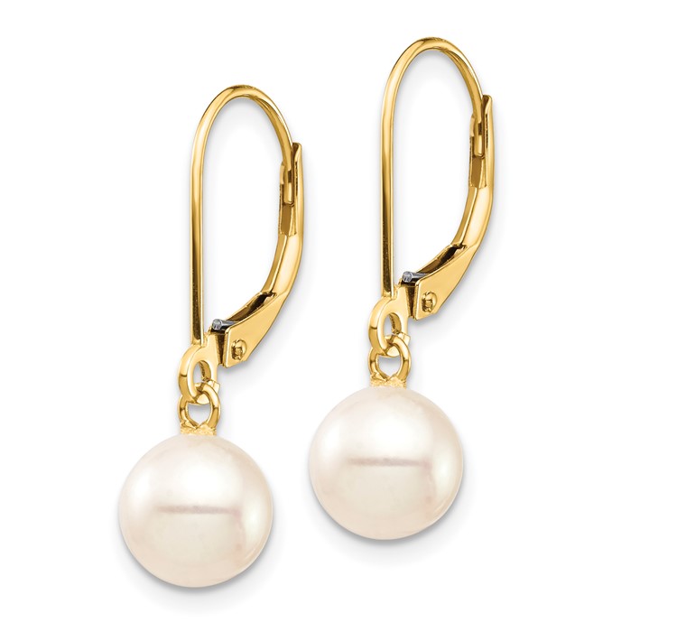 XF725E--2 14K 7-8mm White Round Freshwater Cultured Pearl Leverback Earrings