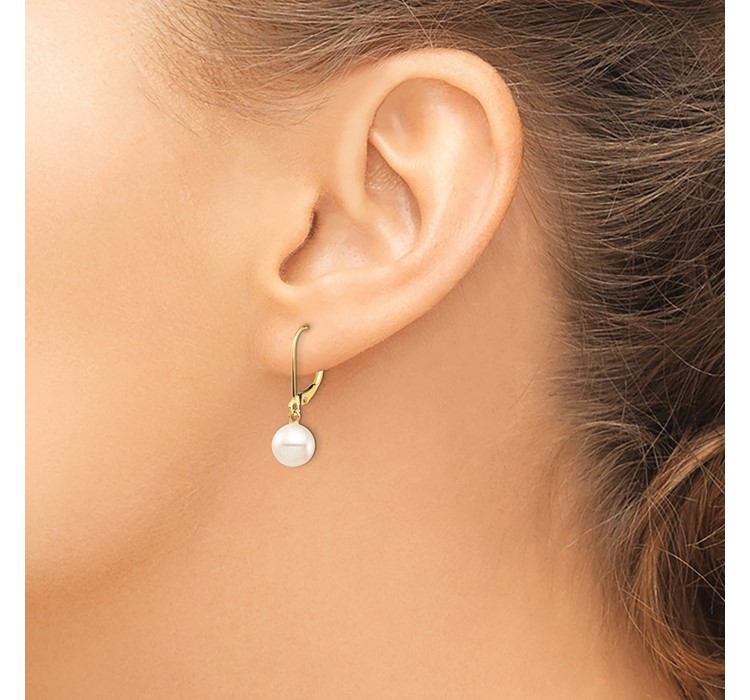 XF725E--3 14K 7-8mm White Round Freshwater Cultured Pearl Leverback Earrings