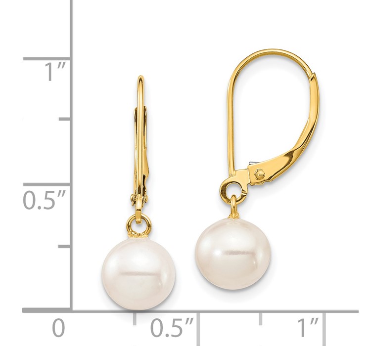 XF725E--8 14K 7-8mm White Round Freshwater Cultured Pearl Leverback Earrings