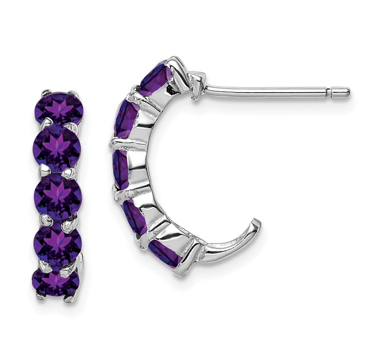 QE12615AM Sterling Silver Rhodium-plated Amethyst J-Hoop Earrings