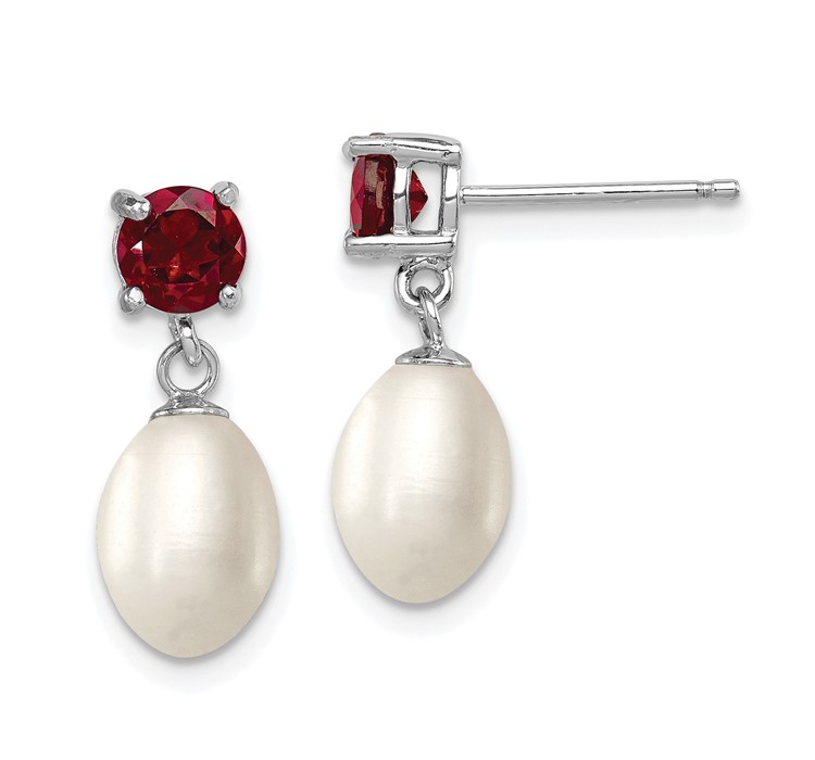 QE12791 Sterling Silver Rhodium Plated Garnet and 7-8mm Freshwater Cultured Pearl Teardrop Dangle Post Earrings