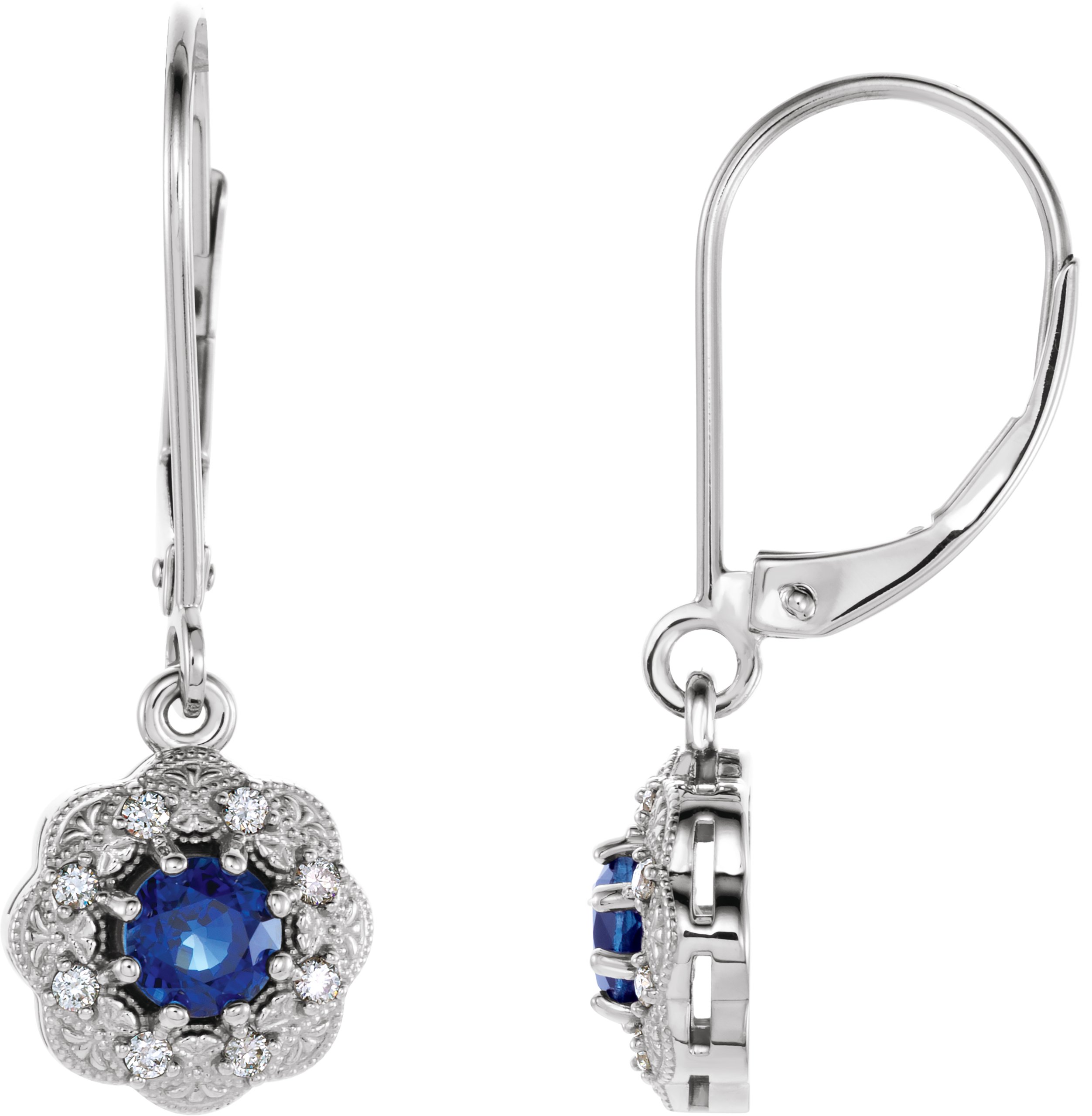 29732486 14K White Natural Blue Sapphire & 1/10 CTW Natural Diamond Halo-Style Earrings - 86245