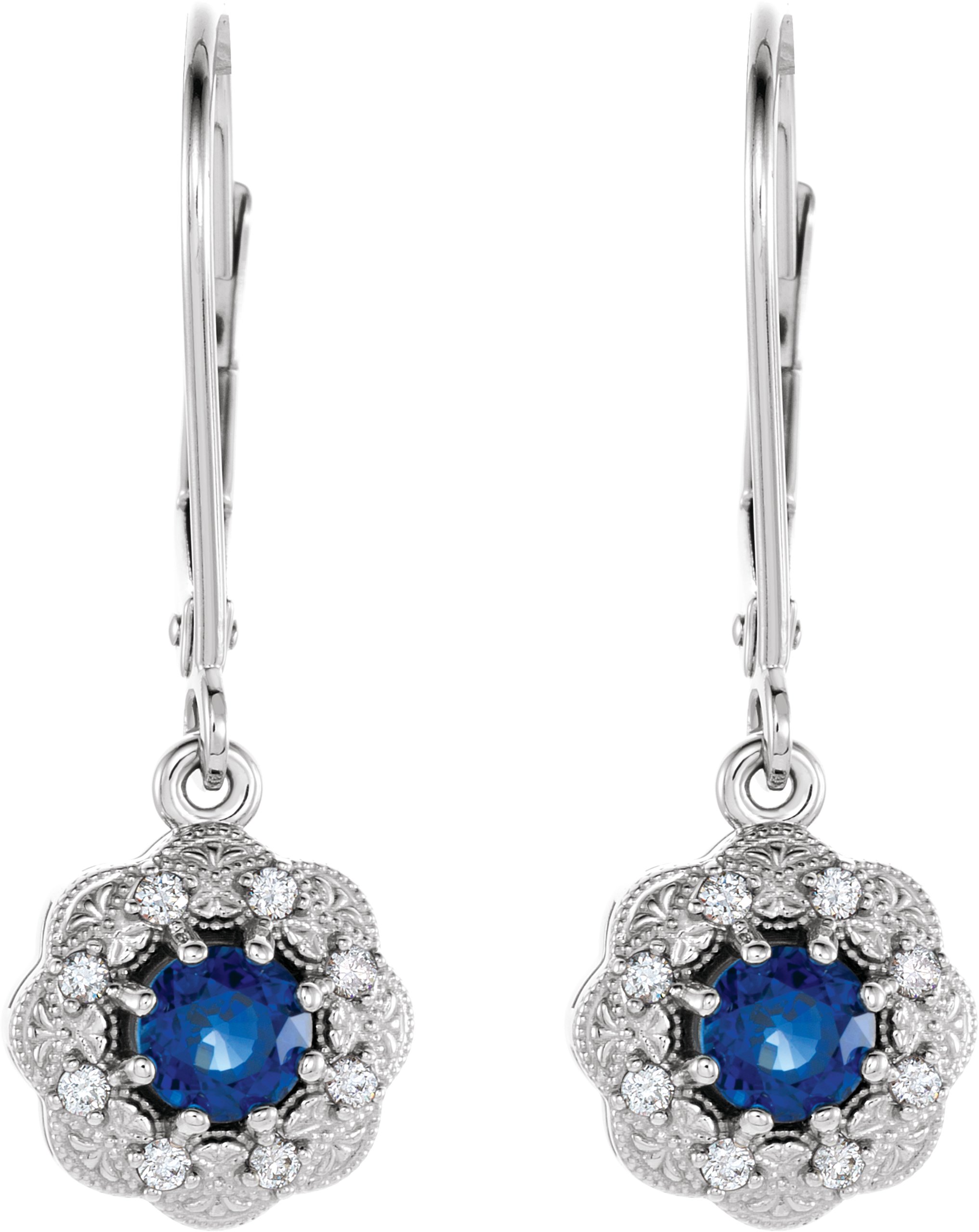 30036948 14K White Natural Blue Sapphire & 1/10 CTW Natural Diamond Halo-Style Earrings - 86245