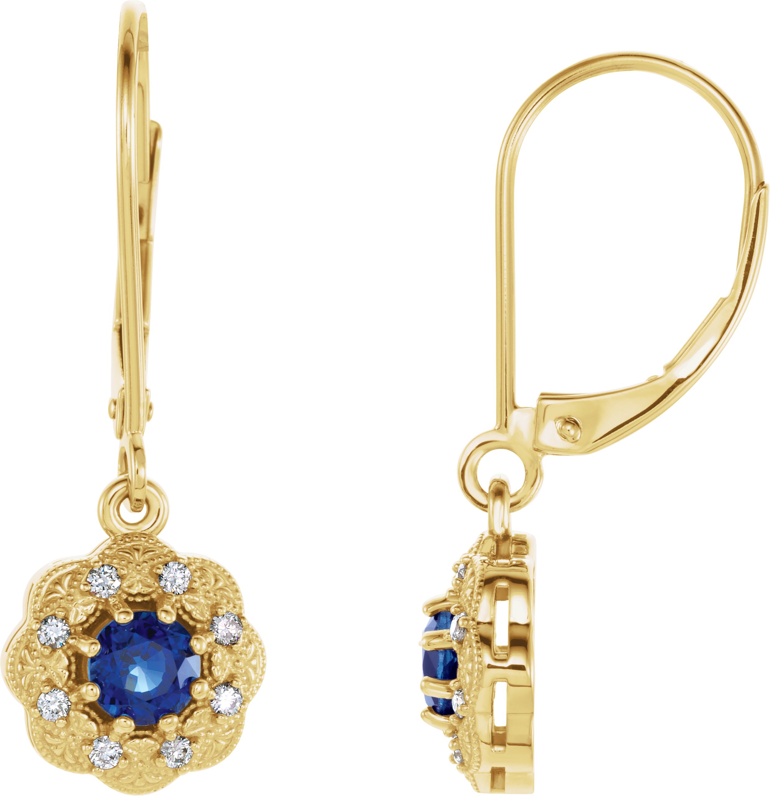 69182420 14K Yellow Natural Blue Sapphire & 1/10 CTW Natural Diamond Halo-Style Earrings - 86245