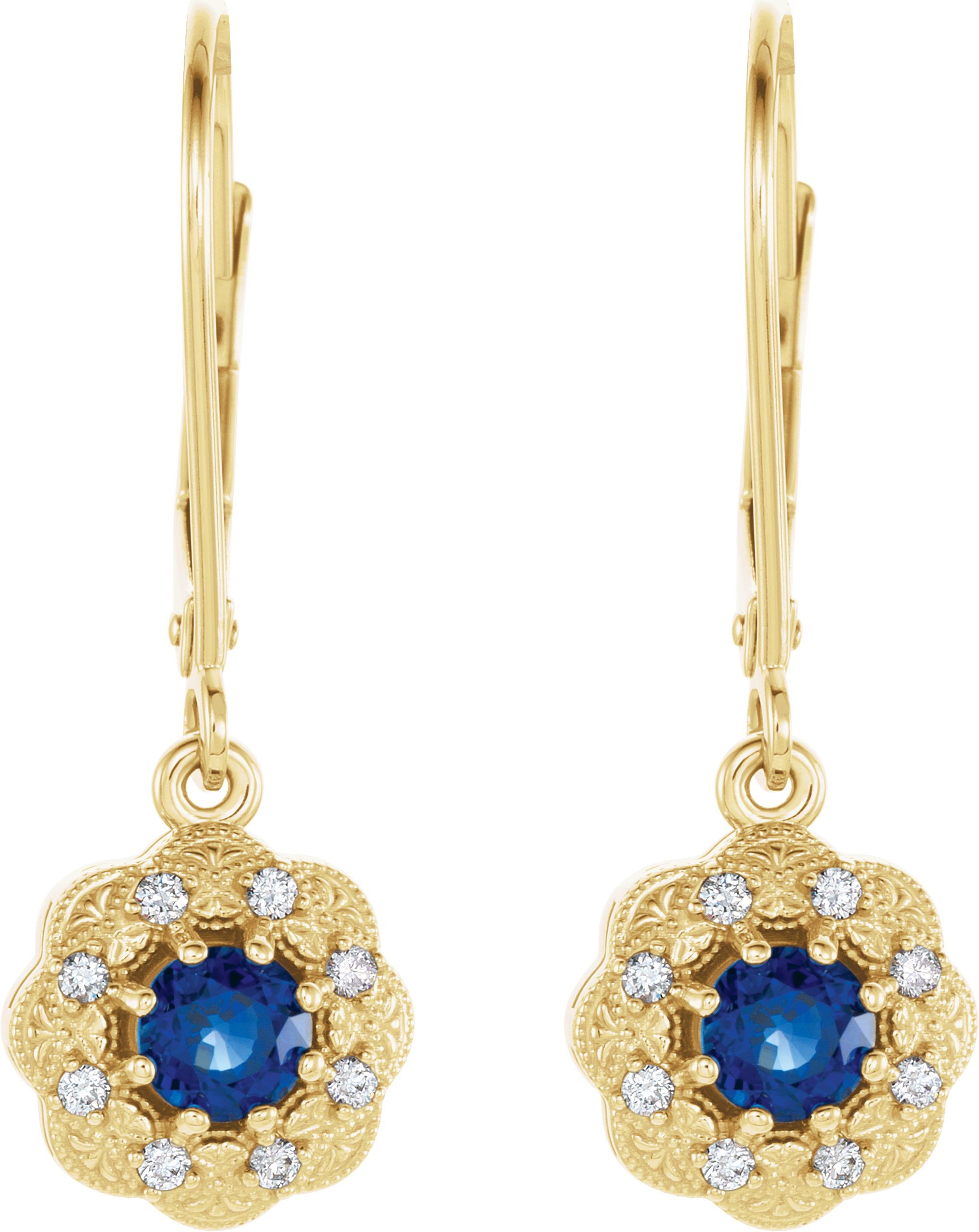 69182421 14K Yellow Natural Blue Sapphire & 1/10 CTW Natural Diamond Halo-Style Earrings - 86245